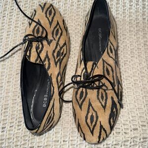 BCBGeneration Tan and Black Ikat Lace-Up Flats